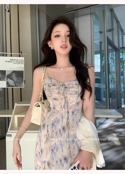 French Style Waisted Gentle Floral dress Women's Seaside Beach Vacation Fairy dress Elegant Pure Slip Dress