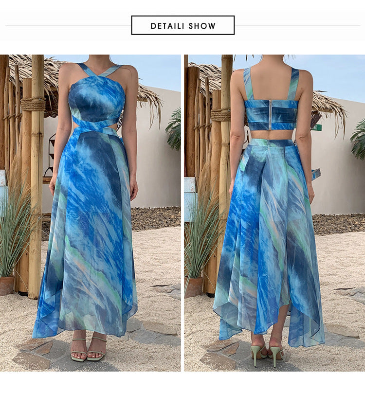 Foreign Trade Women's 2025 Summer New Temperament Sling Long Dress Fashion Waist Chiffon Printed Large Swing Dress dress