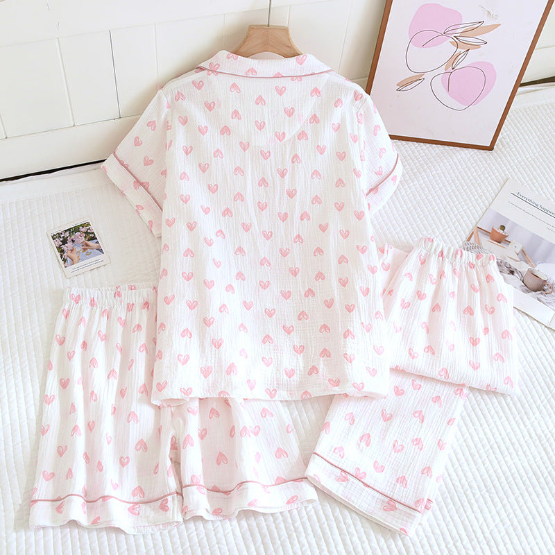Various Style Spring and Summer Cotton Crepe Pajamas Sweet Three-Piece Short-Sleeved Trousers Spring and Autumn Loose Casual suit
