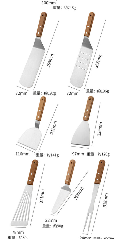 Wooden Handle Stainless Steel Spatula Korean Teppanyaki Cooking Spatula Steak Spatula Pancake Pizza Spatula Tool Set