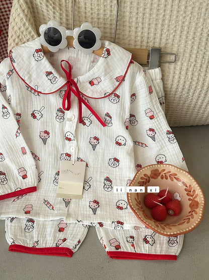 Princess Style Children's Lapel A-Class Cartoon Loungewear Set 2026 Spring New Baby Sweet and Cute Pajamas and Sleep Pants