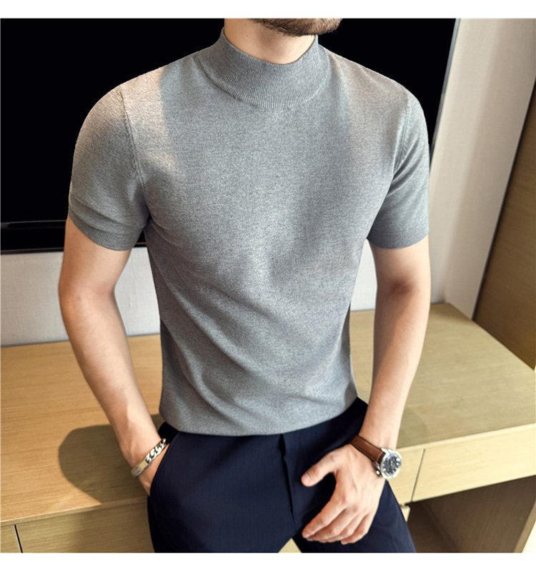 Tiktok Taobao Dropshipping Men's Short-Sleeve Knitwear, Fashionable Versatile Half-Turtleneck Slim-Fit Half-Sleeve Sweater Base Shirt