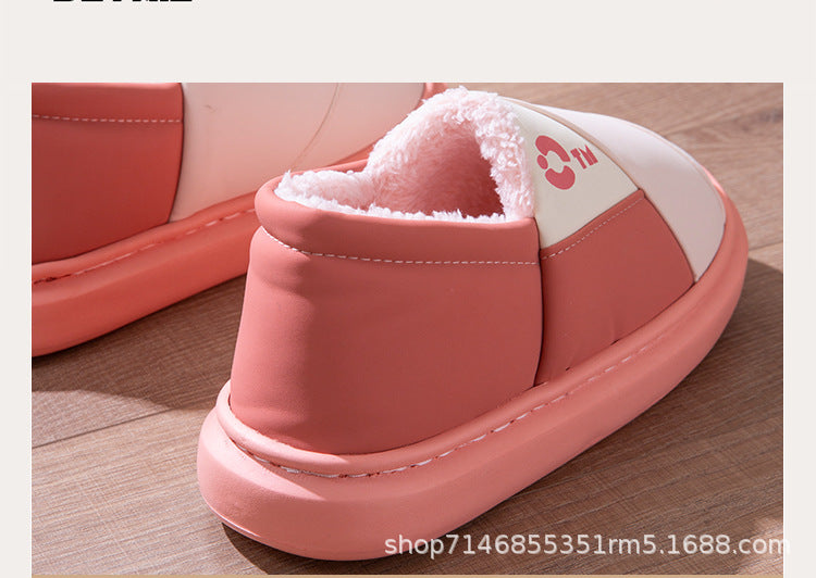 New Leather Waterproof Cotton Slippers for Women in Winter Indoor Thick-Soled Warm Home Fleece-Lined Bag and Couple Wool Slippers for Men