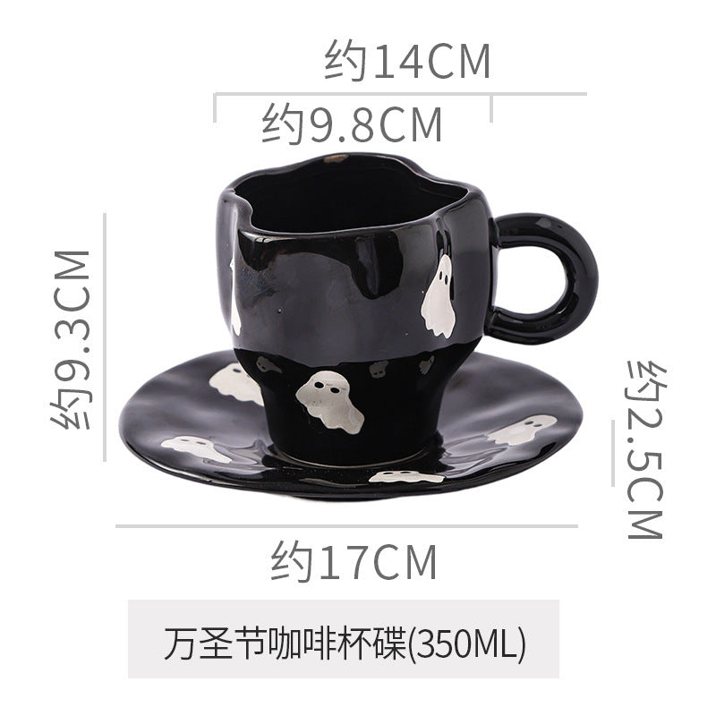 Creative Halloween-Themed Ceramic Cup and Saucer, Irregular Personalized Coffee Cup and Saucer with Pumpkin and Bat Patterns