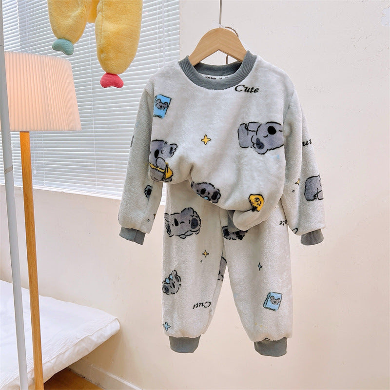 Men's and Women's Flannel Pajamas suit Autumn and Winter Middle and Big Children's Warm fleece-lined Thickened Autumn Clothes and Pants Home Clothes