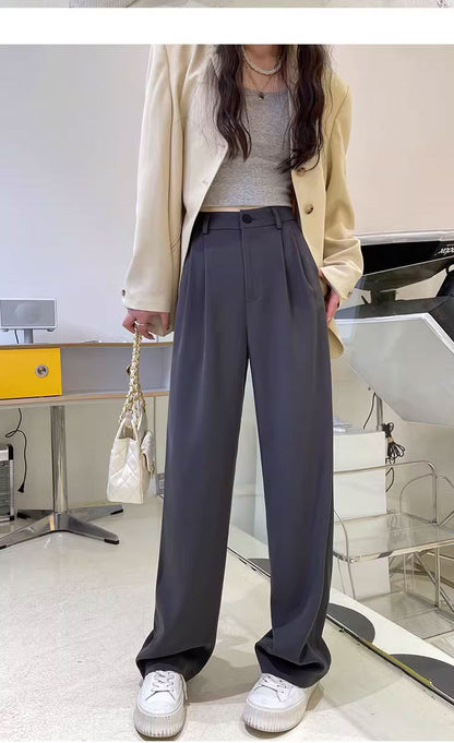 Gray Suit Pants for Women Spring and Summer New High-Waisted Double Pleated Slim Floor-Length Trousers Casual Straight Wide-Leg Pants