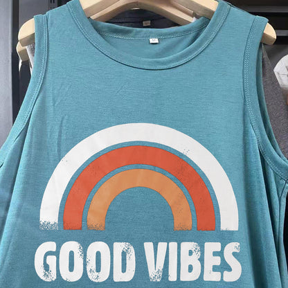 Spot Amazon Independent Station Ebay Women's Dress Good Vibes Rainbow Flap Pocket Pants Casual Sleeveless Long Skirt