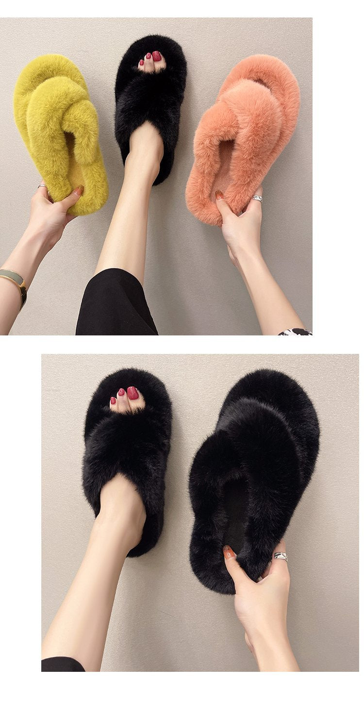 Foreign Trade Furry Slippers for Women 2025 Autumn and Winter New Korean Style Lazy Outer Wear Cross Thick-Soled Open-Toe Slippers for Outer Wear