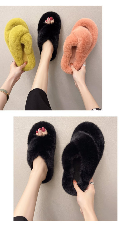 Foreign Trade Furry Slippers for Women 2025 Autumn and Winter New Korean Style Lazy Outer Wear Cross Thick-Soled Open-Toe Slippers for Outer Wear