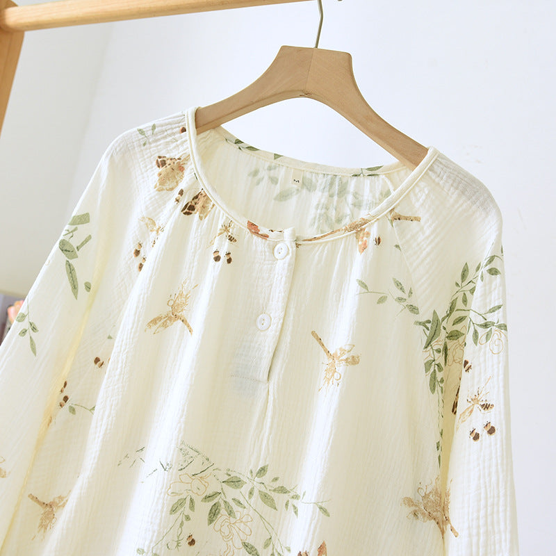 Crewneck Nightdress Women's Pajamas Spring and Autumn Cotton Long-sleeved dress Spring and Summer suit Cartoon Home Clothes for Women