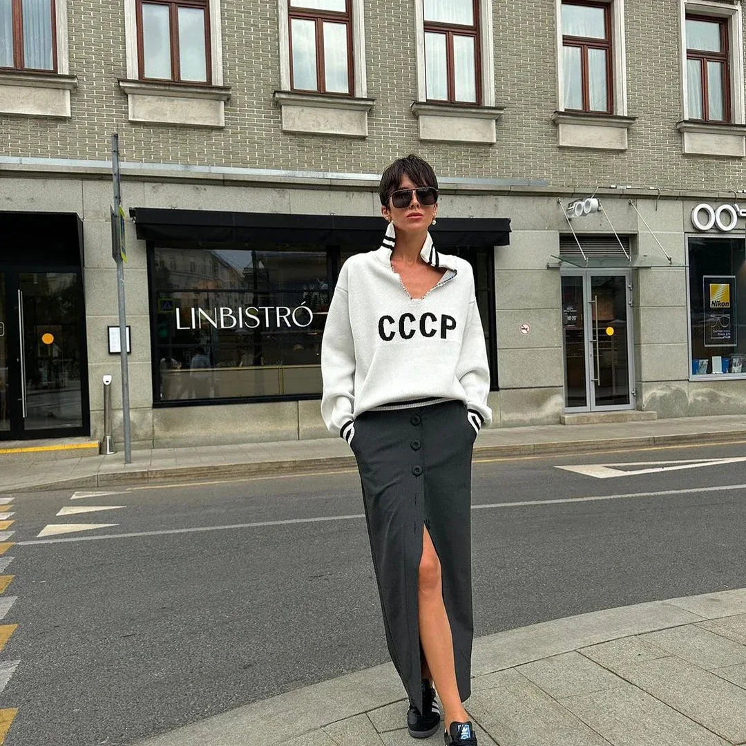 JHJN Autumn V-Neck Sweater Women Patchwork Letter Streety Tops Loose Casual Pullovers Long-Sleeved Knitted Shirts Women Sweater