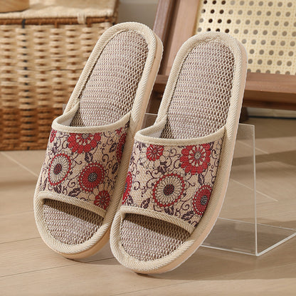 New Summer Open-Toe Home Slippers, Non-Slip, for Men and Women, Couples, Indoor, Blue and White Porcelain, Wooden Floor, Light Foam Sole, Cotton and Linen