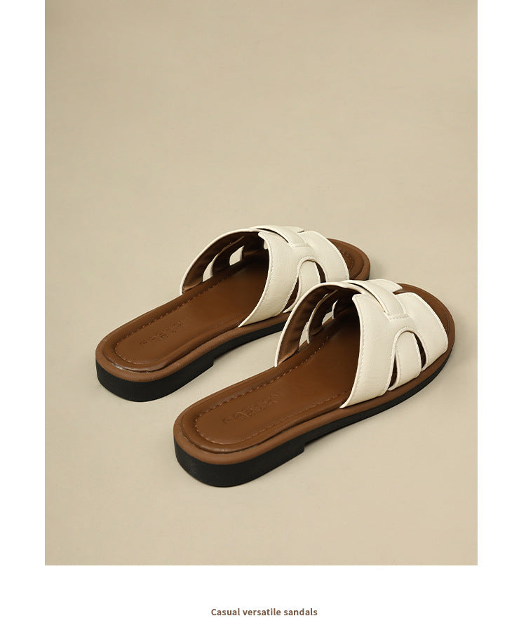 2025 New French Retro Leather Slippers Niche Casual Flat Versatile Slip-On Sandals for Women