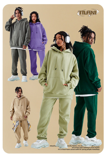 Tilani Men's Clothing European and American Trendy Brand High Quality 350g Fleece-Lined Thick Men's and Women's Hooded Sweatshirt and Sweatpants Pure Color Suit