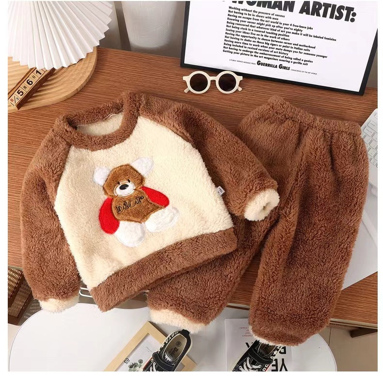 New Kidsren's Flannel Pajamas Set Autumn and Winter Boys and Girls Coral Velvet Thickeneded Home Clothes Two-piece Set