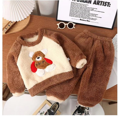 New Kidsren's Flannel Pajamas Set Autumn and Winter Boys and Girls Coral Velvet Thickeneded Home Clothes Two-piece Set