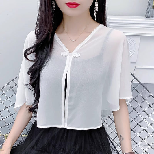 Thin Small Shawl Summer Dress with Sling Skirt Air-conditioning Shirt Women's Cardigan Outer Chiffon Ethnic Style Silver Buckle Small Coat by PDG ibma