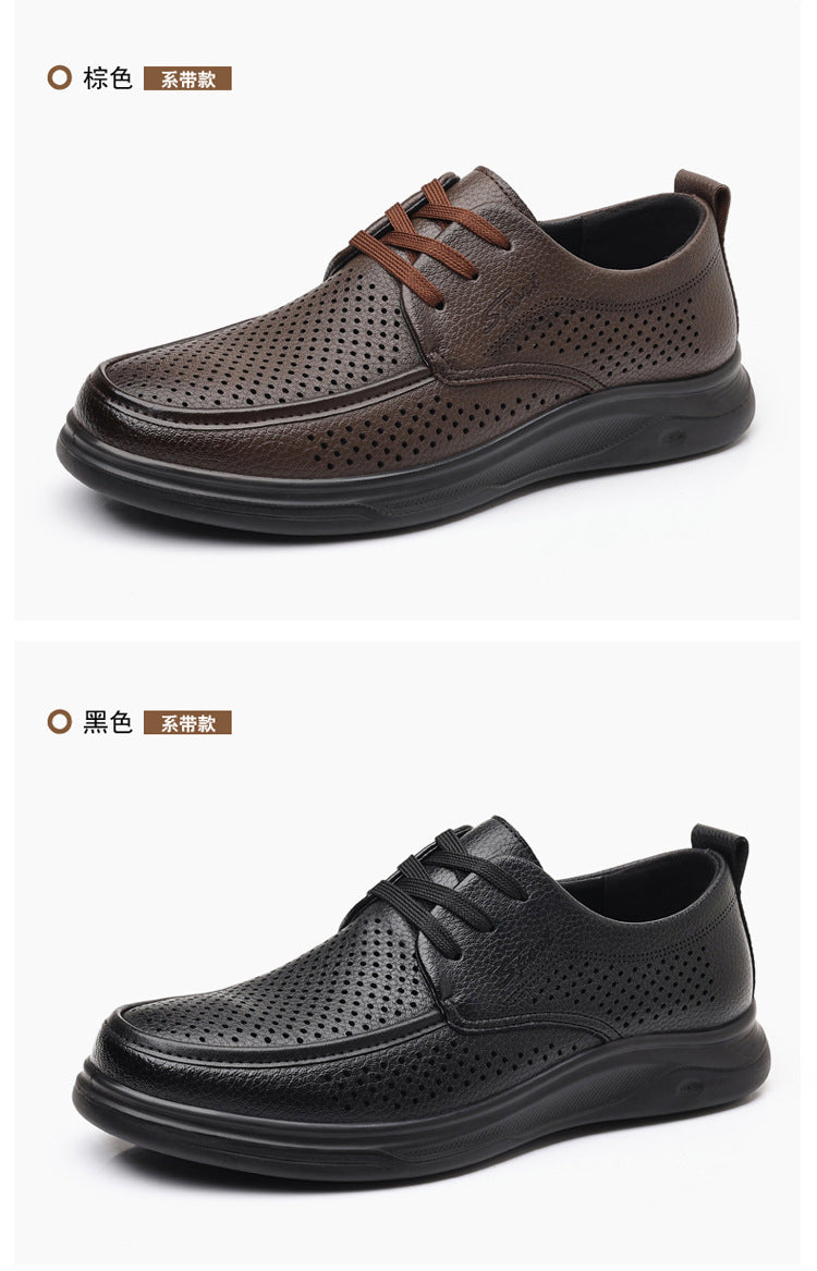 Summer Men's Shoes for Middle-Aged and Elderly People, Genuine Leather Breathable Men's Sandals, Leather Shoes, Soft Soles, Hollow Casual Shoes, Clogs