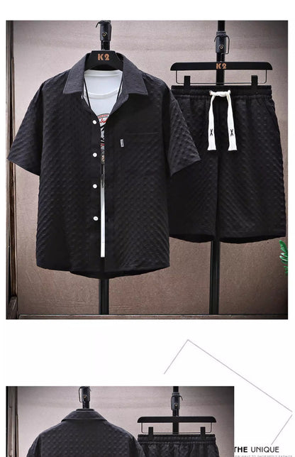 Thin sports leisure two-piece 2024 summer ice silk suit men's ruffian handsome fashion short sleeve shirt shorts set