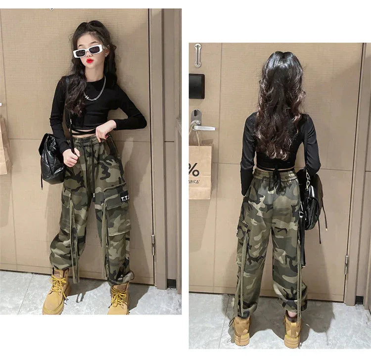 Girls Camouflage Pants Kids Fashion Casual High waisted wide leg pants 2025 Spring Fall ClothesTeen Girl Trousers 8 10 12 14Y