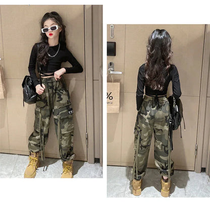 Girls Camouflage Pants Kids Fashion Casual High waisted wide leg pants 2025 Spring Fall ClothesTeen Girl Trousers 8 10 12 14Y