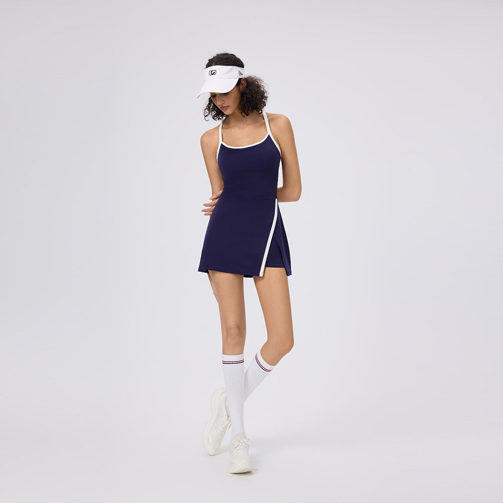 Summer Halter Neck Casual Skin-Friendly Golf Tennis Dress for Women with Built-In Leggings and Tight Fit Pickleball Skirt