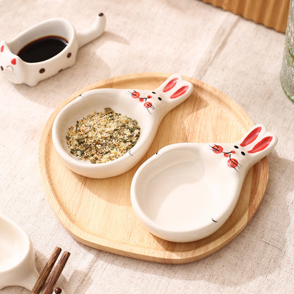 Creative Cartoon-Style Ceramic Dish with Chopstick Holder, Small Household Dish, Seasoning Dish, Hot Pot Dipping Dish, Condiment Dish