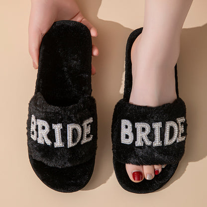 Beide Mrs Ido Pearl Letter Stuffed Slippers Wedding Party Bridal Fur Slippers Cross-Border Popular Cotton Slippers