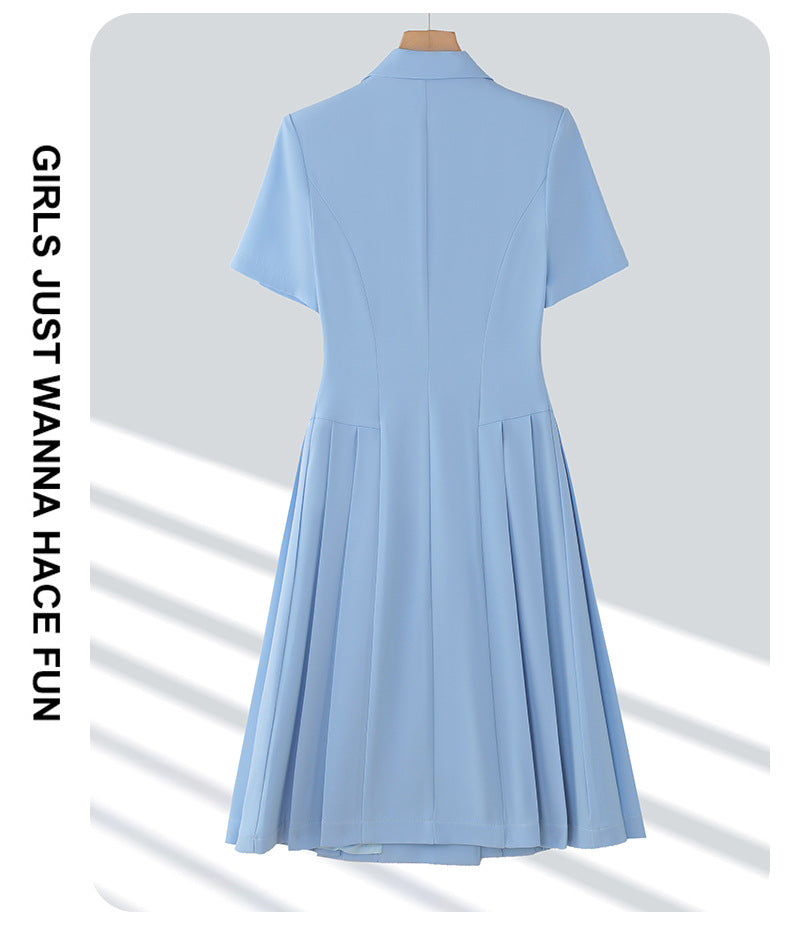 Spring and summer blue short-sleeved dress women's 2025 high-grade double-breasted professional suit collar mid-length skirt