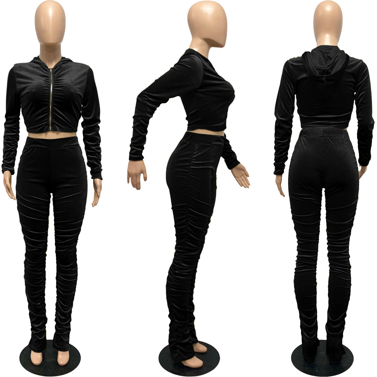 F185 European and American Women's Clothing Amazon Spring Two-piece Korean Velvet Solid Color Long Sleeve Navel Pleated Sports Suit