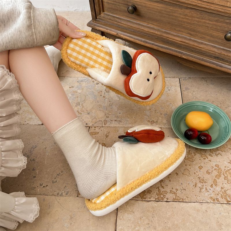 Apple Cute Closed-Toe Plush Cotton Slippers for Women, Winter 2026 New Model, Indoor Home Warm Non-Slip Odor-Resistant