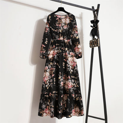 Cross-border Foreign Trade Floral Chiffon Long Dress Women's Spring Dress Long Sleeve Crewneck Base Skirt Waist Slim Long Dress