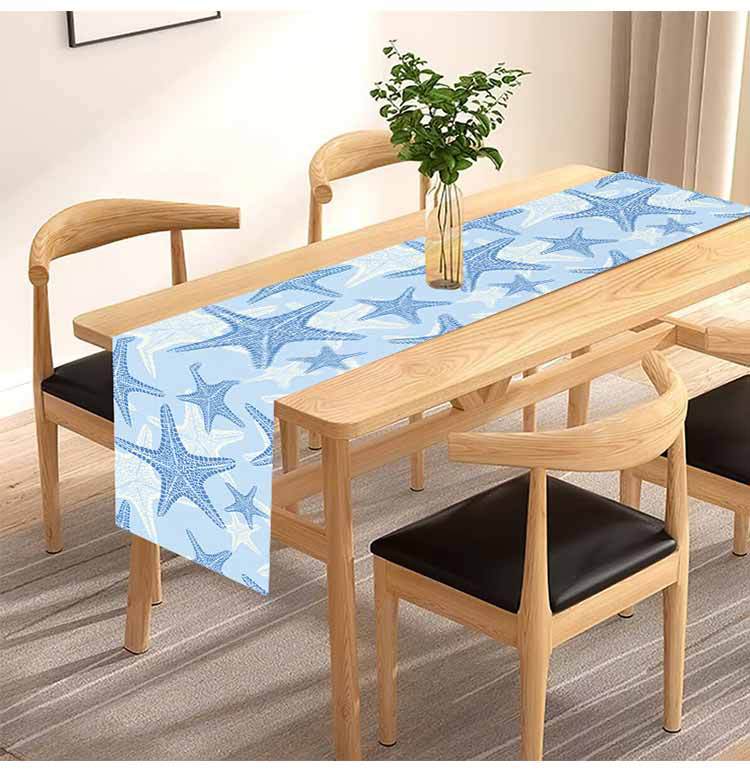 Cross-border New Blue Bottom Starfish Table Runner Linen Printed Kitchen Dining Table Tablecloth Home Fabric Tablecloth Cushion Coffee Table Meal