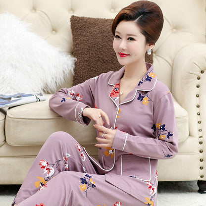 Autumn and Winter Women's 100 Pure Cotton Pajamas Women's Loose Cardigan for Middle-aged and Elderly Mothers Spring and Autumn Long-sleeved Casual Home Clothes