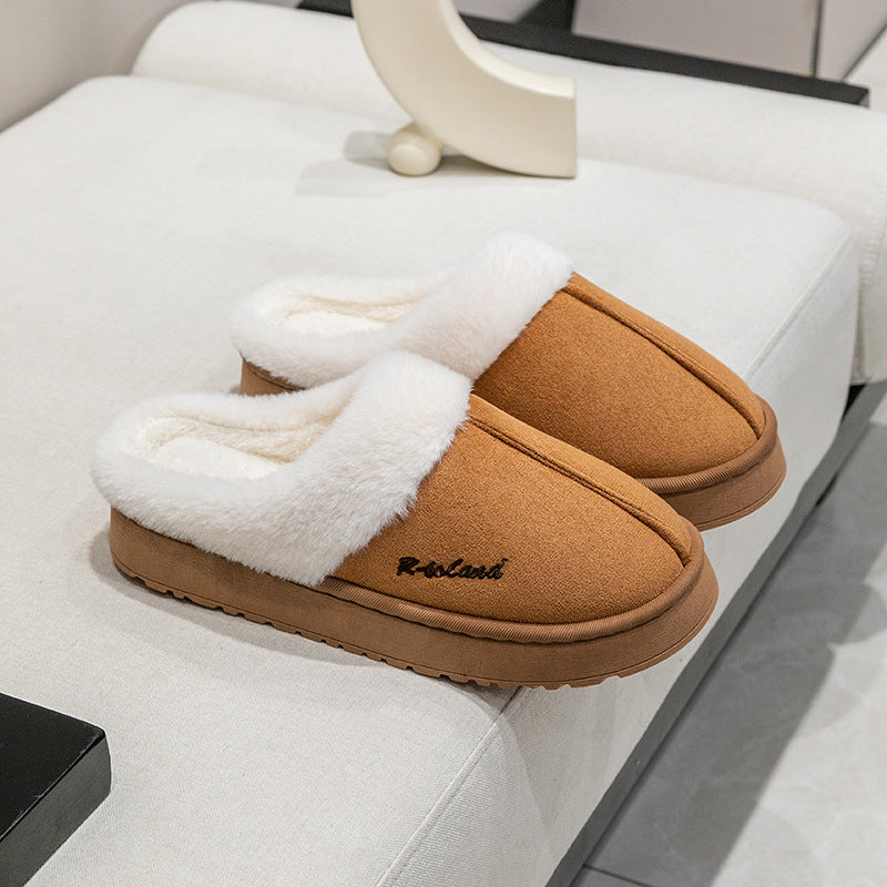 Cotton Slippers for Women, Autumn and Winter Home Use, Indoor Baotou Couple Style Plush Warm Anti-Slip Cotton Slippers for Men