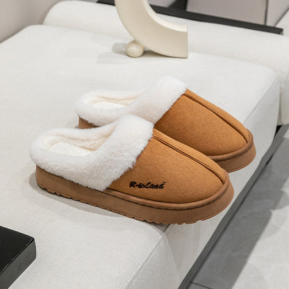 Cotton Slippers for Women, Autumn and Winter Home Use, Indoor Baotou Couple Style Plush Warm Anti-Slip Cotton Slippers for Men