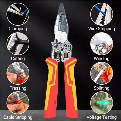 8-in -1 multifunctional wire stripper for electrician with power measurement, wire cutting, cable scissors, multi-purpose wire stripping, wire pressing and wire splitting pliers