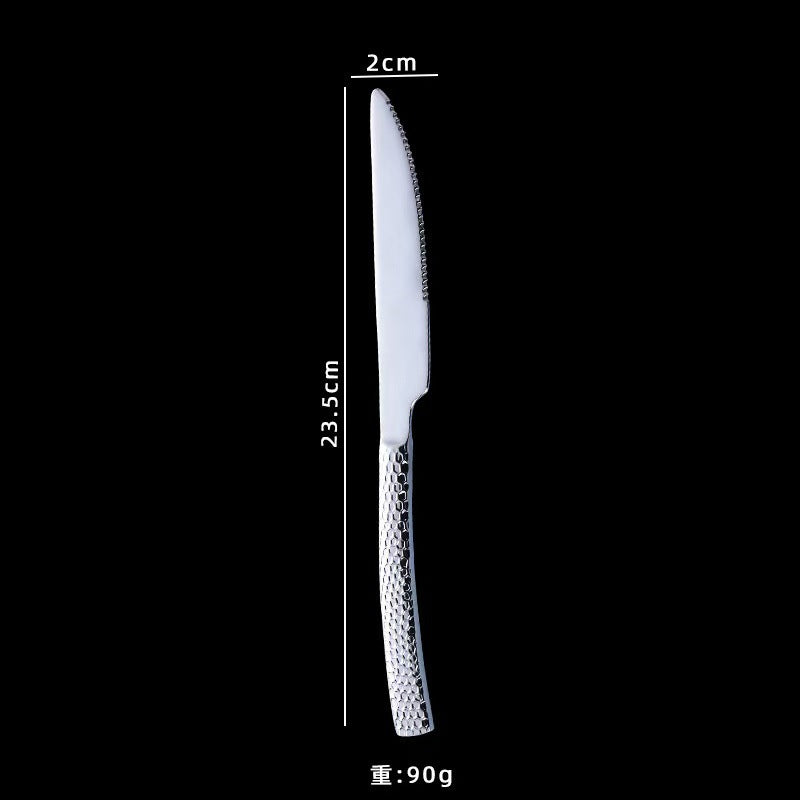 Cross-border 304 Stainless Steel Knife, Fork and Spoon Tableware Hotel Western Food Square Handle Thickened Water Cube Hammer Steak Knife, Fork and Spoon