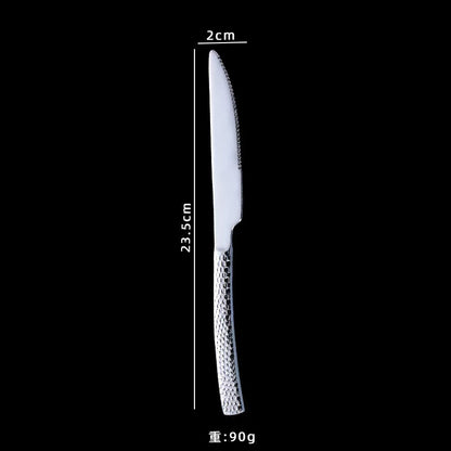 Cross-border 304 Stainless Steel Knife, Fork and Spoon Tableware Hotel Western Food Square Handle Thickened Water Cube Hammer Steak Knife, Fork and Spoon