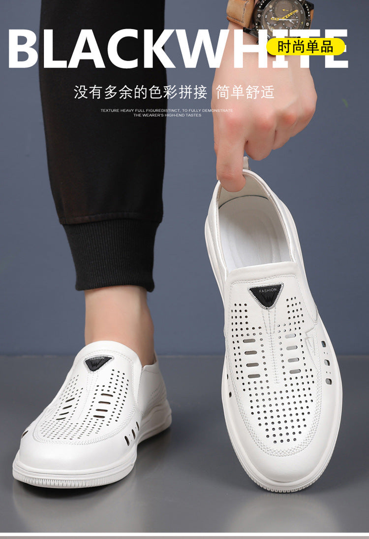 Summer Leather Shoes for Men, Casual Hollow Breathable Clogs, Soft Sole, Soft Mesh Shoes, Foreign Style Men's Shoes, Drop Shipping