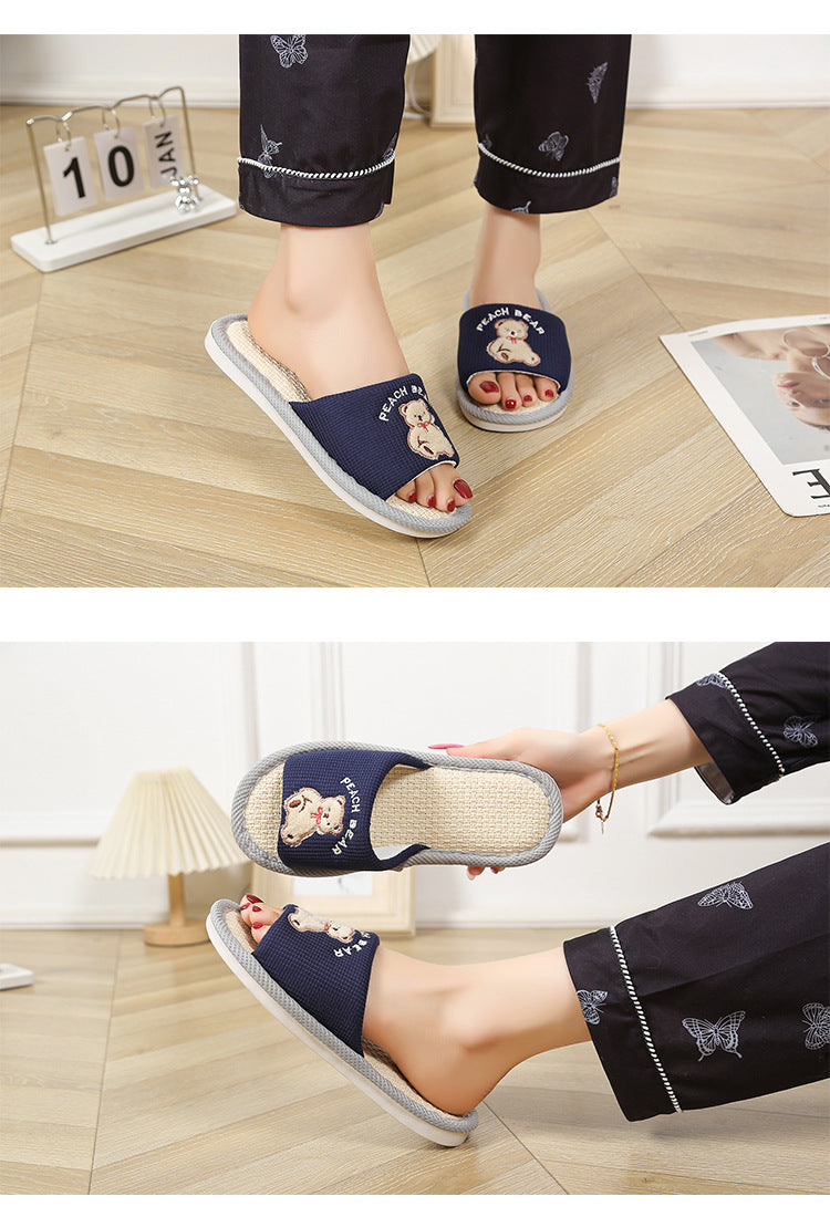 Bear Style Indoor Linen Slippers for Women Summer Home Non-Slip Women's Spring & Fall Seasons Fabric Floor Mops
