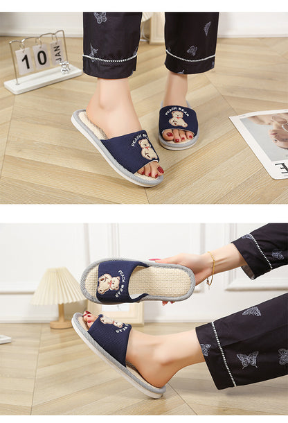 Bear Style Indoor Linen Slippers for Women Summer Home Non-Slip Women's Spring & Fall Seasons Fabric Floor Mops