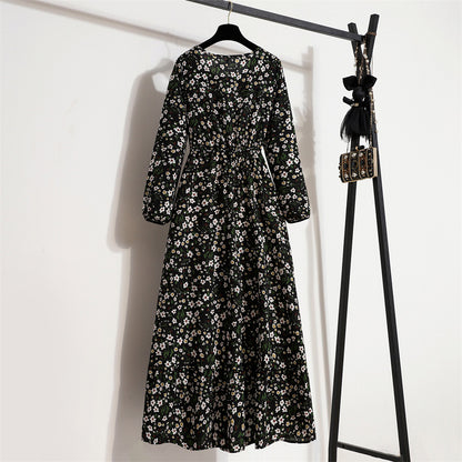 Cross-border Foreign Trade Floral Chiffon Long Dress Women's Spring Dress Long Sleeve Crewneck Base Skirt Waist Slim Long Dress
