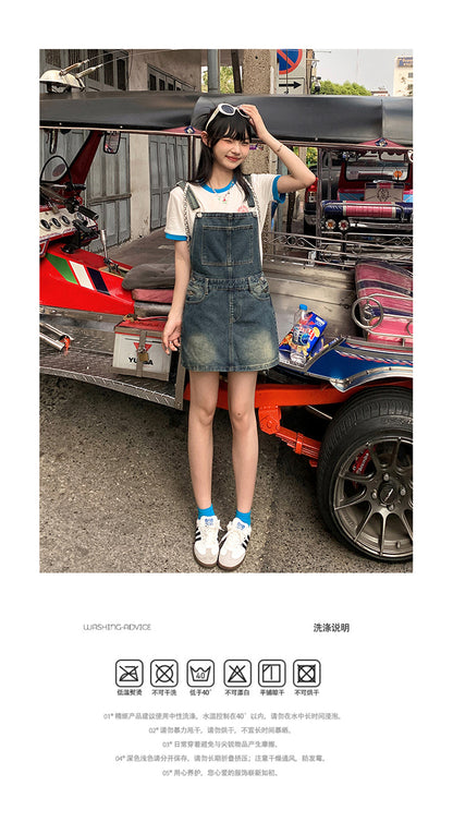 YC & American Retro Sweet Girl Strap Skirt A- line Skirt Slimming Joker dress Denim Skirt Spring and Summer