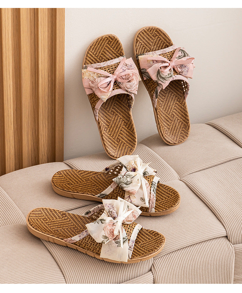 New Summer Rattan Mat Home Mat Slippers Bow Home Indoor Cool Bamboo Fish Mouth Toe Shoes Non-Slip