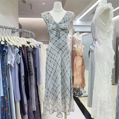 Fashion New Summer French Elegant Temperament Gentle Ruffled Plaid Dress Women's Summer Slimming Age-Reducing Long Dress