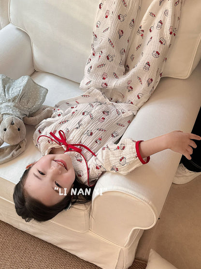 Princess Style Children's Lapel A-Class Cartoon Loungewear Set 2026 Spring New Baby Sweet and Cute Pajamas and Sleep Pants