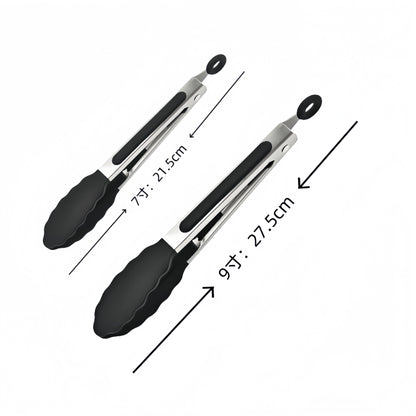 Cross-Border Black Silicone Clips, High Temperature Resistant Kitchen Food Frying Stainless Steel Fried Steak Clips, Special Food Clips for Cooking