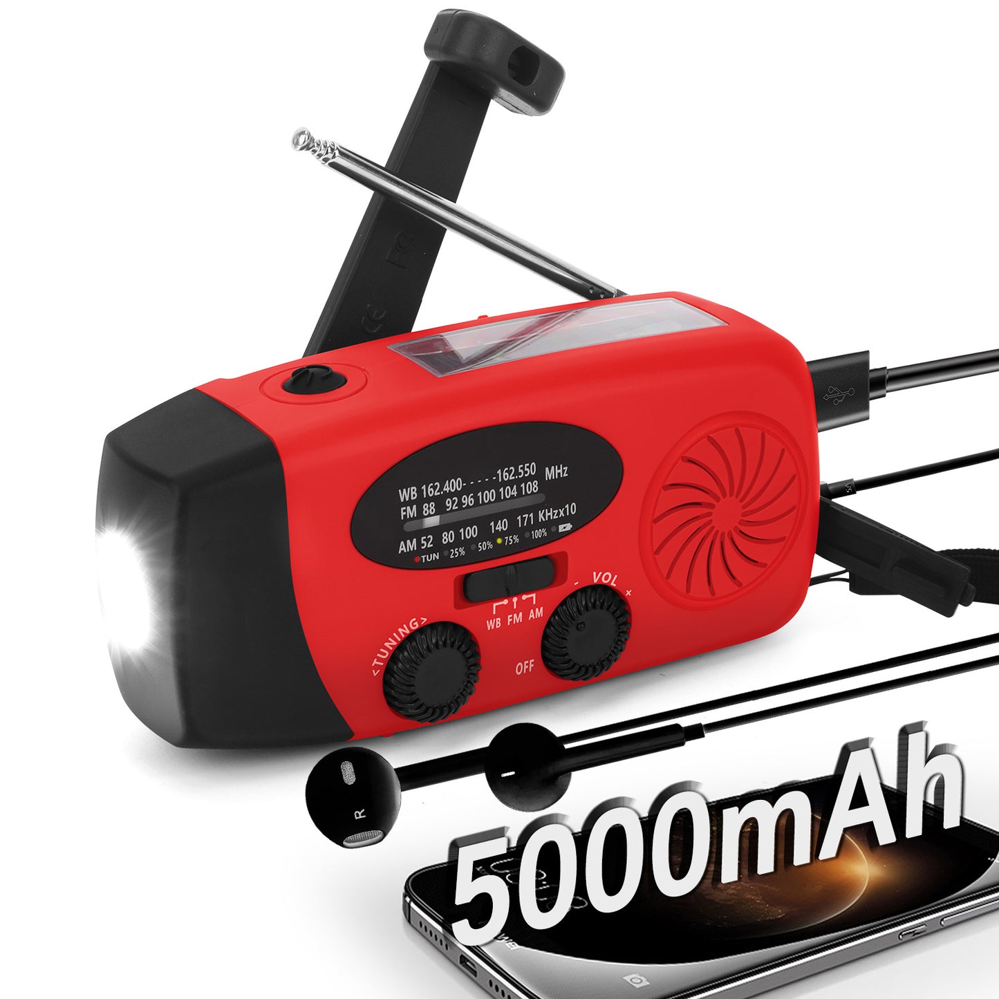 5000Mah Amazon Portable Emergency Radio Multi-Functional Solar-Powered Hand-Cranked Multi-Band Radio