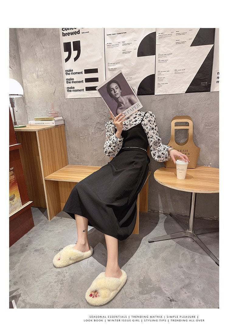 Foreign Trade Furry Slippers for Women 2025 Autumn and Winter New Korean Style Lazy Outer Wear Cross Thick-Soled Open-Toe Slippers for Outer Wear